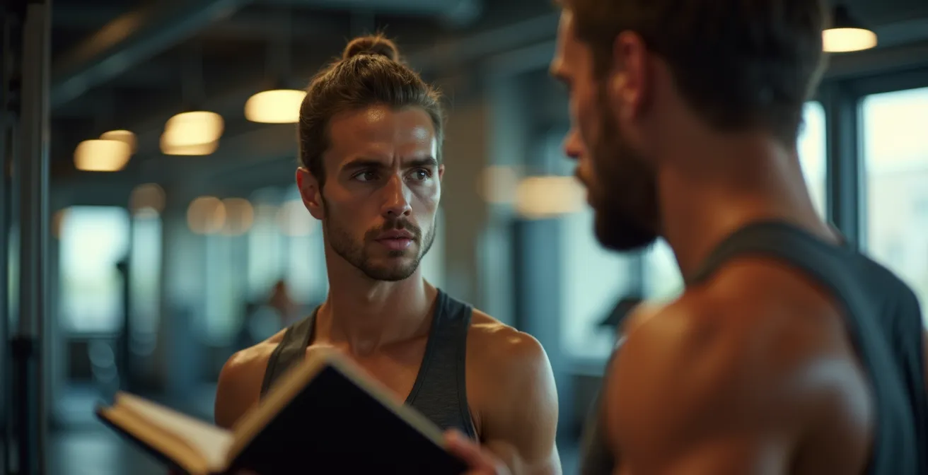 Sportif analysant ses performances passées devant un miroir de salle de sport